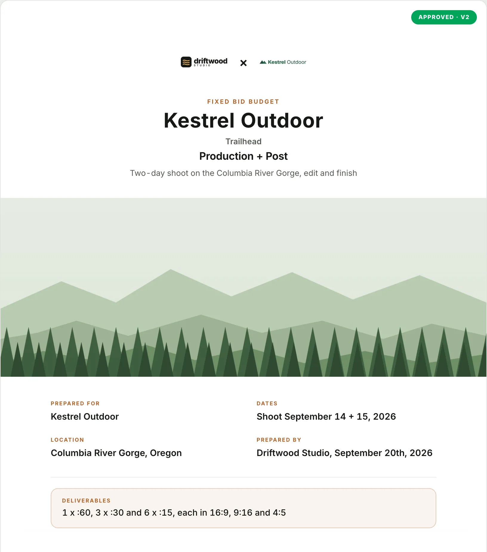 A Krova bid cover and proposal, both with the studio and client logos